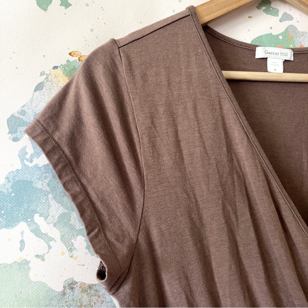 Garnet Hill Dress Size Medium Babydoll Mini Light Brown Surplice Neck Short Slv - Picture 3 of 10